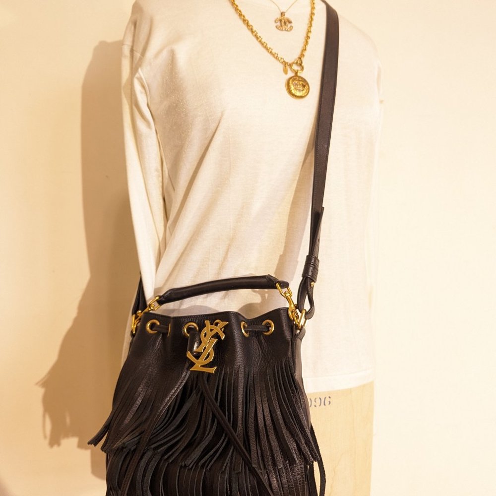 YSL Yves SAINT LAURENT Small Fringe Bucket Bag black gold vintage  Emmanuell - Picture 2 of 12
